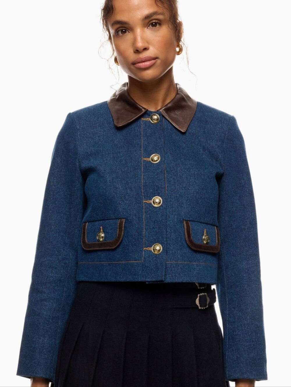 Sandro Denim Jacket With Leather Collar Long Sleeve Front Button